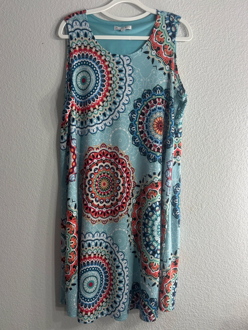 Robbie Bee Boho Aqua Multicolor Medallion Sleeveless Dress Woman M nautical